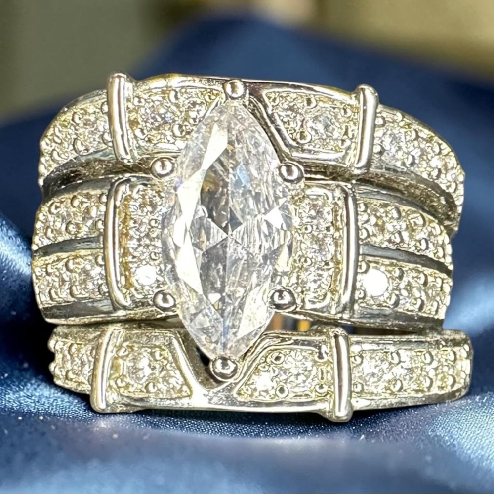 925 Sterling Silver Marquise Bridal Ring Set Sz 8 Vintage Style Stack